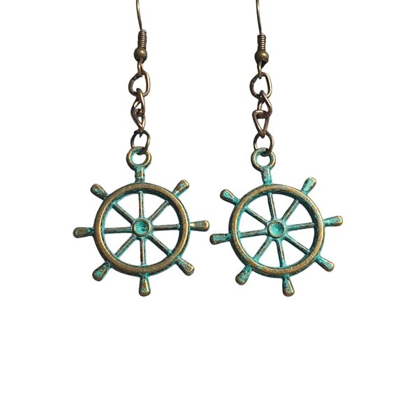 Nautical Bronze Patina Steering Wheel Dangle Earrings Hook Lightweight Jewelry - Picture 1 of 4